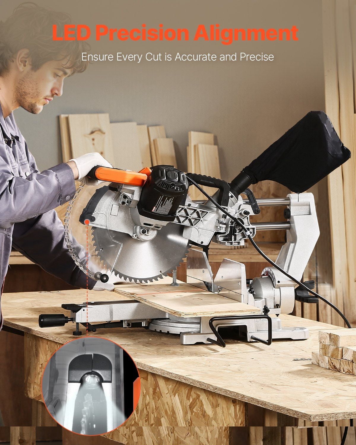 12-Inch Sliding Compound Miter Saw with 60-Tooth Blade, 15 Amp Corded Motor, Double Bevel Design