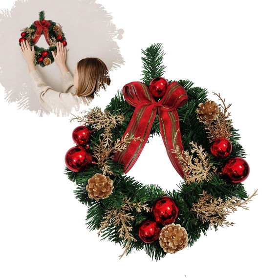 12 Inch Small Artificial Pine Leaf Christmas Wreath, Pre-Decorated Holiday Wreath with Ornament Balls, Fabric Bows & Berry Clusters, Hanging Wreath for Narrow Front Door & Small Covered Porch Decor
