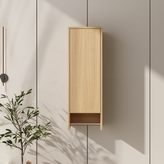 12 Inch Small Wall Mounted Side Cabinet, Soft Closing Door, Suitable For Small Bathroom, Study, Storage Room, Original Oak (KD-Packing)
