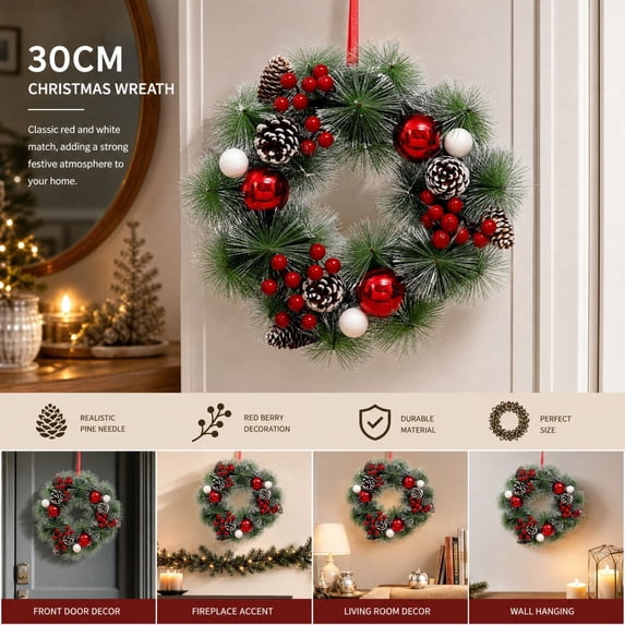 12 Inch Snow Flocked Christmas Wreath for Front Door, Artificial Pine Wreath with Red White Ornaments, Pinecones and Berries for Winter Door Wall Holiday Decor