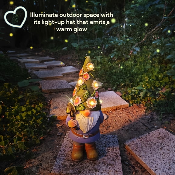 12 Inch Solar Blue Gnome Statue with 6 LED Flower Lights, IP44 Waterproof Outdoor Fairy Garden Decor for Yard Patio Porch, Nice Housewarming Gift