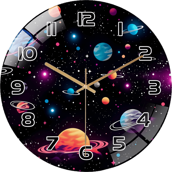 12 Inch Solar System Pattern Decorative Silent Non-Ticking Wall Clock, Glass Round Fantasy Theme Clock For Bedroom Astronomy Home Decor Universal Lunar Surface Glow In The Dark Wall