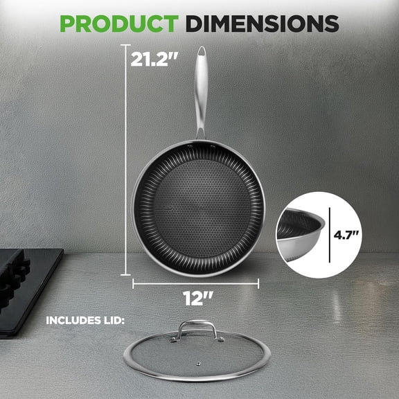 12 Inch Stainless Steel Frying Pan with Lid - Triply Hybrid Large Skillet, Scratch-resistant Pattern, Oven & Dishwasher Safe