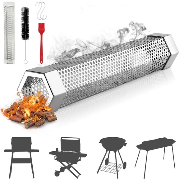 12 Inch Stainless Steel Pellet Smoker Tube BBQ Smoker Box for Gas Charcoal Grill - Cold Fume Generator for Cheese Meat Fish - Hexagonal Wood Chip Smoker Pipe with Cleaning Brush for Outdoor Cooking
