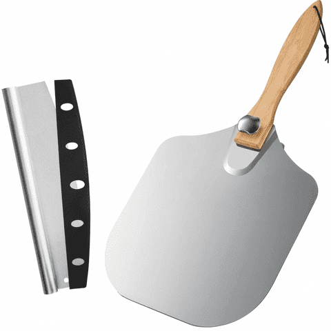 12-Inch Stainless Steel Pizza Peel with Rocker Cutter Set, Professional Pizza Paddle with Foldable Wooden Handle, for Family Pizza Oven Baking Pizza, Dough, Bread & Pastry