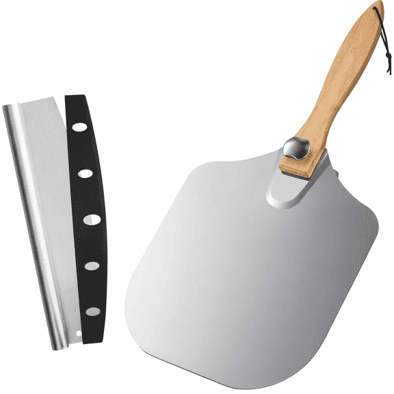 12-Inch Stainless Steel Pizza Peel with Rocker Cutter Set, Professional Pizza Paddle with Foldable Wooden Handle, for Family Pizza Oven Baking Pizza, Dough, Bread & Pastry