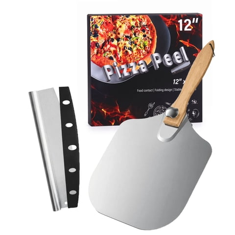12-Inch Stainless Steel Pizza Peel with Rocker Cutter Set, Professional Pizza Paddle with Foldable Wooden Handle, for Family Pizza Oven Baking Pizza, Dough, Bread & Pastry