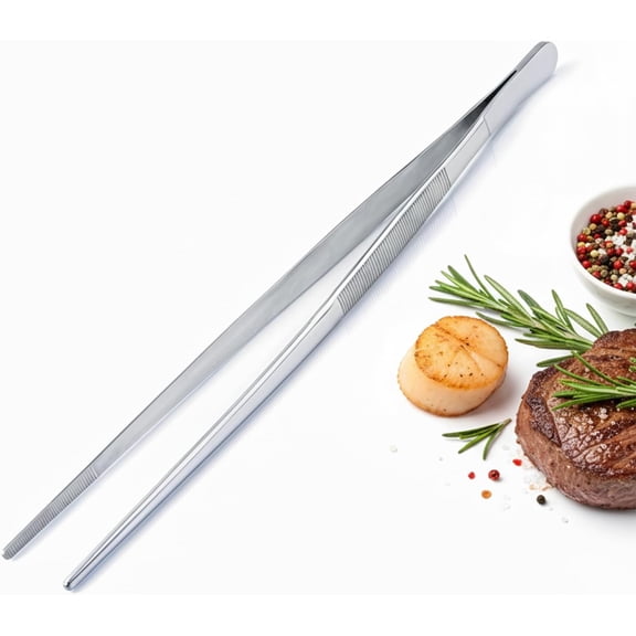 12 Inch Stainless Steel Precision Kitchen Tweezers - Professional Chef-Grade Food Tongs for Cooking, Plating, and Grilling - Fine Serrated Tips for Secure Grip
