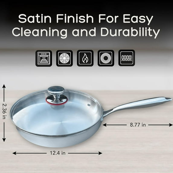12 Inch Stainless Steel Skillet with Lid - Frying Pan Ergonomic Handle - Oven Safe, Easy to Clean, & Scratch-Resistant Saute Pan