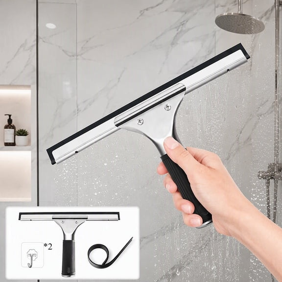12 Inch Stainless Steel Squeegee for Shower Glass, Window and MultiSurface Cleaning, HandHeld Wiper Tool with Replaceable Rubber Blade and 2 NoDrill Hooks for Bathroom, Glass Door and Windshield