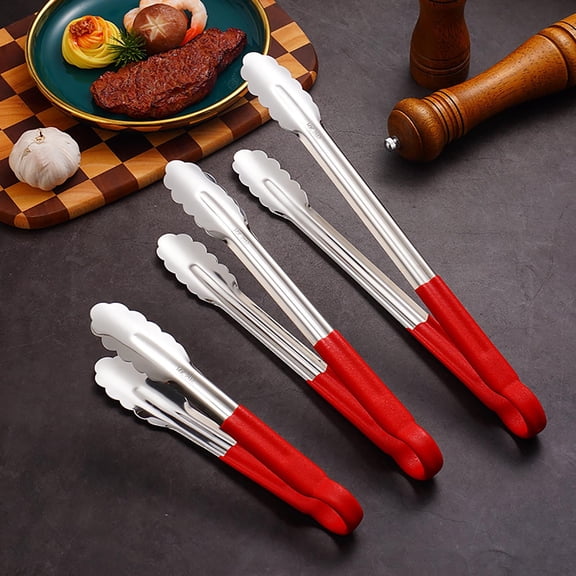 12-inch Stainless Steel Utility Tongs, Spring Serving Tongs with Plastic Handle, Kitchen/Serving Tongs with Scalloped Gripping Edge and Red Non-Slip Grip Coated Handle