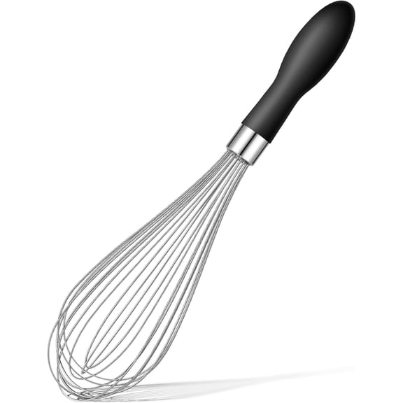 12-Inch Stainless Steel Wire Balloon Whisk, Cooking Mixing Whisk Tool With Soft Silicone Handle, Thick Durable Whisker for Blending, Beating, Stirring, Black