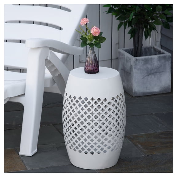 12 Inch Steel Outdoor Side Table, Round Patio End Table, White Accent Table for Garden, Patio, Indoor & Outdoor Use