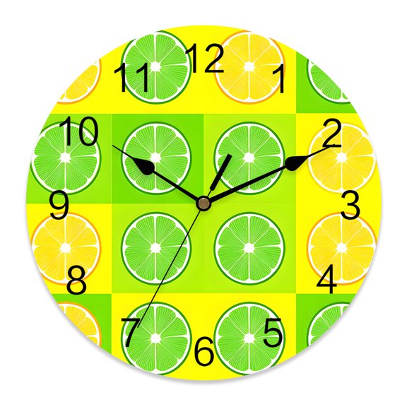 12 Inch Summer Lemon Wall Clock, Green Yellow Lemon Cartoon Fruit Geometric Battery Operated Silent Non Ticking Clocks, Easy to Read Round Wall Clock for Kitchen/Living Room/Bedroom/Bathroom