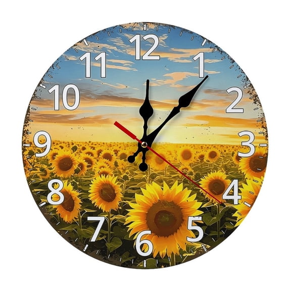 12 Inch Sunflower Field Sunset Wooden Wall Clock | Silent Non-Ticking Rustic Farmhouse Decor, Nail Included, No Battery Included, Perfect for Living Room, Kitchen, Sunroom