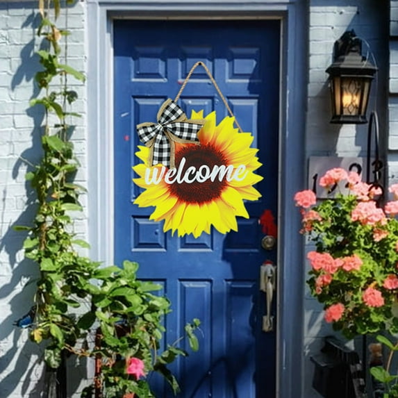 12 Inch Sunflower Welcome Door Sign Hanger for Front Door Decoration,Spring Sunflower Welcome Wood Wreaths Summer Door Hanging Farmhouse Porch Wall Decor Indoor Outdoor Welcome Sign