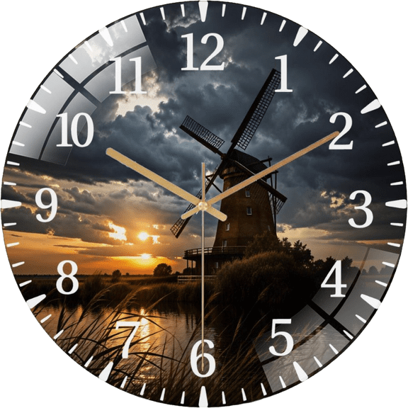 12 Inch Sunset Windmill Moody Countryside Landscape Decor Glass Wall Clock for Wall Decor , Office Room, Living Room Style 1212inch(3030cm)