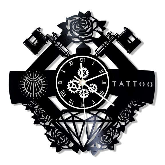 12 Inch Tattoo Shop Vinyl Record Wall Clock for Tattoo Artist Tattoo Studio Tattoo Shop Wall Decor, Vintage Decorative, Silent Non-ticking, For Tattoo Room Hipster Men Gift