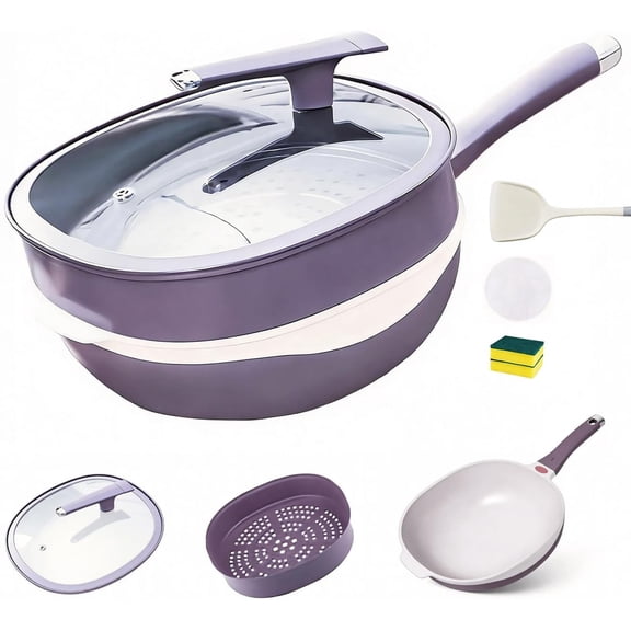12-Inch Titanium Alloy Non-Stick Deep Saut Pan with Lid | Induction & Gas Stove Compatible, Ergonomic Stay-Cool Handle | Purple