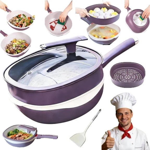 12 Inch Titanium Alloy Non Stick Pot with Lid & Steamer, Deep Sauté Pan for Frying, Baking, Induction Compatible, Ergonomic Cool Grip Handle, Heat-Resistant (Purple)