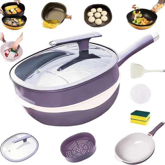 12 Inch Titanium Alloy Non Stick Pot with Lid & Steamer, Multi-Purpose Deep Saute Pan, Titanium Pans for Cooking with Steamer, for Frying, Baking, Ergonomic Cool Grip Handle