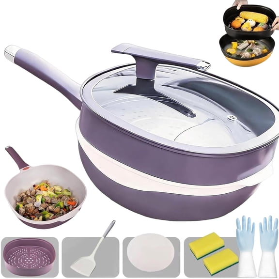 12 Inch Titanium Alloy Non Stick Pot with Lid Steamer, Multi-purpose Titanium Ceramic Non-stick Deep Saute Pan,Heat-Resistant for Cooking, Frying, Baking (Purple)