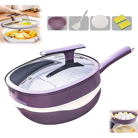 12 Inch Titanium Alloy Non Stick Pot with Lid with Steamer, Titanium Ceramic Pan, Multipurpose Ceramic Frying Pan for Cooking Frying Stewing,Induction & Gas Stove Compatible (Purple)