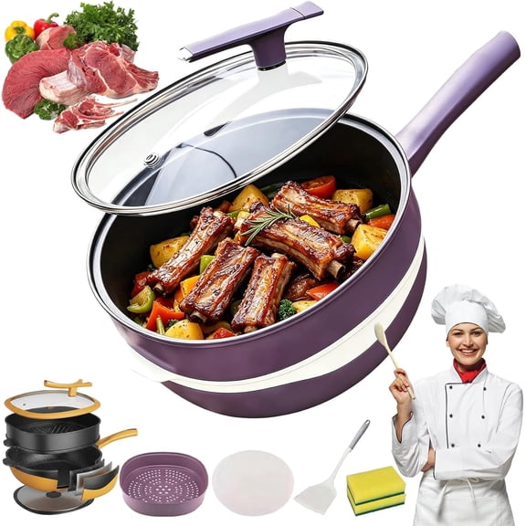 12 Inch Titanium Alloy Non Stick Pot with Lid with Steamer, Titanium Frying Pan & Steamer Set with Ergonomic Stay-Cool Handle, Deep Saute Pan with Ceramic Coating, Induction & Gas Compatible (A)