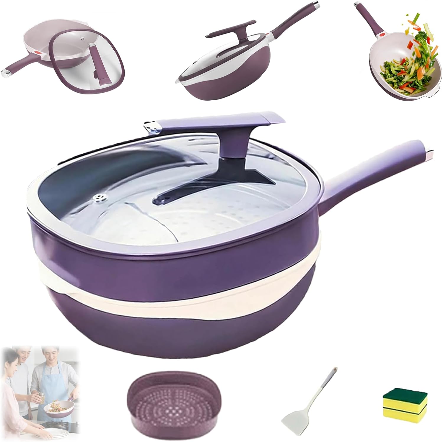 12 Inch Titanium Alloy Nonstick Pan with Lid & Steamer, Non Stick ...