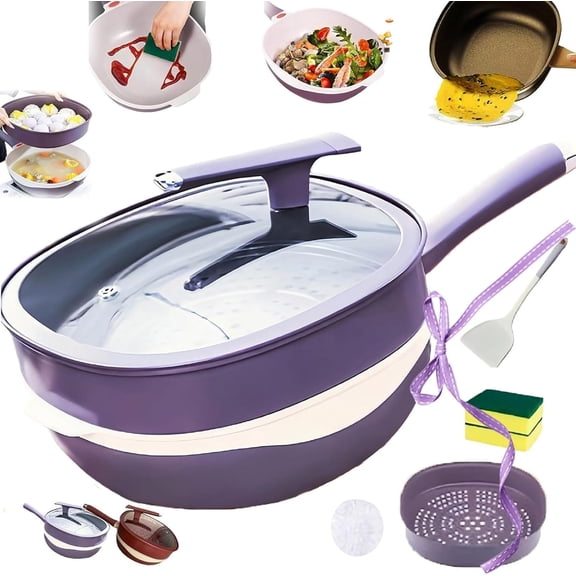 12 Inch Titanium Alloy Nonstick Pot with Lid & Steamer, Multipurpose Deep Saute Titanium Frying Pan, Ceramic Frying Pan for Cooking Stewing, Ergonomic Stay-Cool Handle