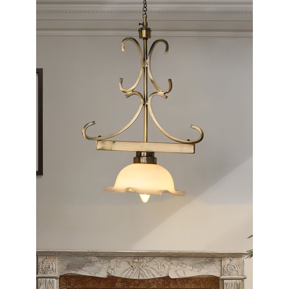 12-Inch Transitional White Ruffled Glass Pendant Light | Antique Brass Ornate Scroll Hanger