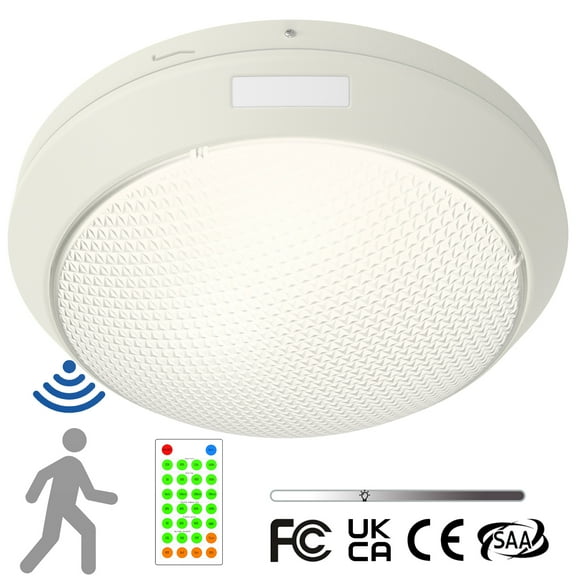 12 Inch Tri-Level Sensor Round LED Vapor Tight Ceiling Light w/Remote, IP65 IK10 30W 3750LM Waterproof LED Outdoor Lights, 5000K 100-277V Dimmable Flush Mount LED Vapor Proof Fixture for Carport,FCC