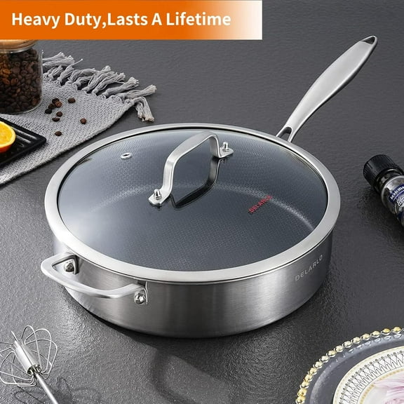 12 Inch Tri-Ply Stainless Steel Frying Pan with Lid, Oven Safe Up to 660°F, All Cooktop Compatible