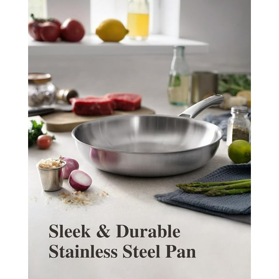 12 Inch Tri-Ply Stainless Steel Pan, PFOA & PTFE Cookware, Oven & Dishwasher Safe, Induction Compatible