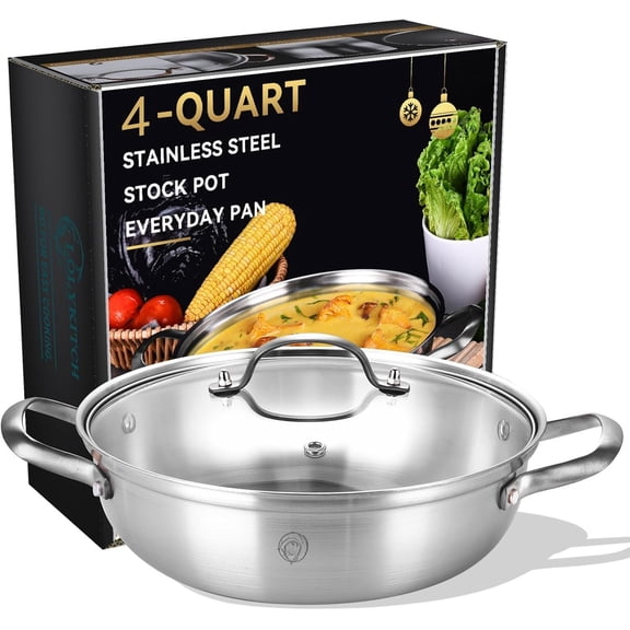 12 Inch Tri-Ply Stainless Steel Saute Pan with Lid,4 QT Hot Pot, Everyday Pan,Kadhai,Induction Cooking Pan, Cooker,Dishwasher and Oven Safe.