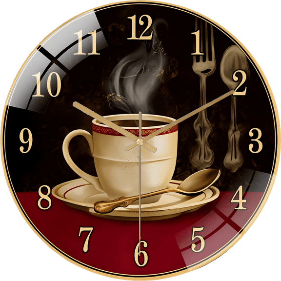 12 Inch Vintage Coffee Cup Pattern Glass Wall Clock Living Room Bedroom Kitchen Home Decor Silent Quartz Clock Holiday Gift(Battery Not Included), 30cm
