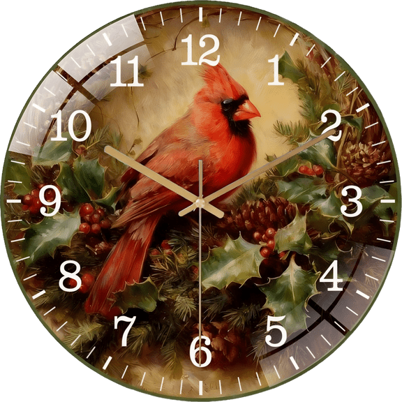 12 Inch Vintage Looking Cardinal in A Nest Glass Wall Clock,Floral Wreath with BirdFarmhouse Home Decor (30×30cm)