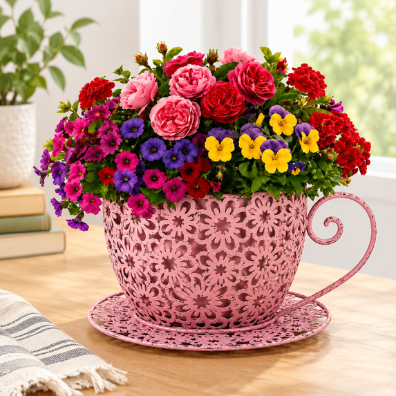 Anyiqur Roses 12 Inch Vintage Rose Metal Teacup Planter, Rustic Iron Decor for Indoor ...