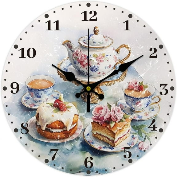 12 Inch Wall Clock Afternoon Tea Wall Clock Battery Powered Non-Tick Cake Decoration Kitchen Clock for Living Room Bedroom Home Decor Office