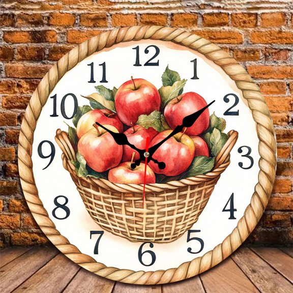 12 Inch Wall Clock, Apple Basket Clock Wooden Round Wall Clocks with Silent Non-Ticking Quartz Movement, Battery Operated, Art Decor Hanging Clock for Kitchen, Bathroom, Bedroom, Living Room