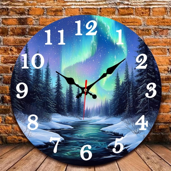 12 Inch Wall Clock, Aurora Borealis Wooden Round Wall Clocks with Silent Non-Ticking Quartz Movement, Battery Operated, Art Decor Hanging Clock for Kitchen, Bathroom, Bedroom, Living Room