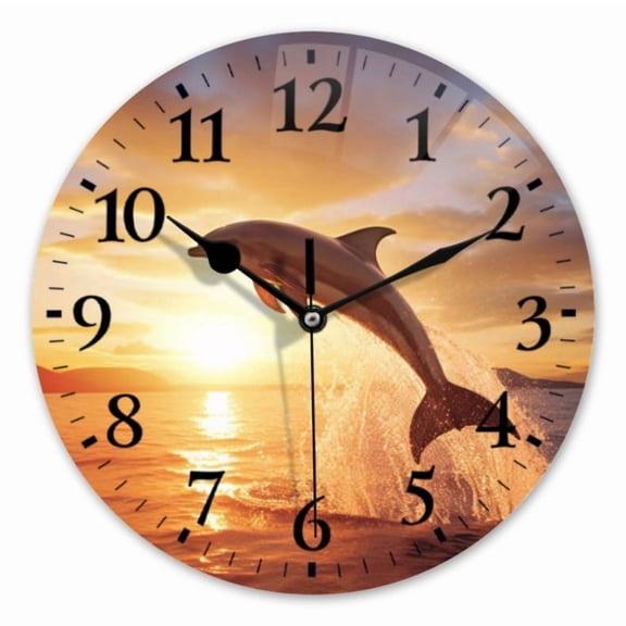 12 Inch Wall Clock Battery Operated Round Clock for Office, Kitchen, Outdoor, Living Room, Dolphins Jumping Out Of The Water At Sunset