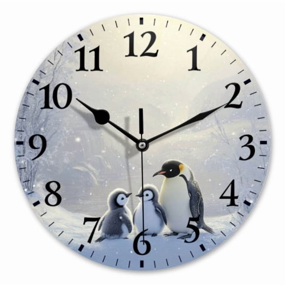 12 Inch Wall Clock Battery Operated Round Clock for Office, Kitchen, Outdoor, Living Room, Emperor Penguins On Snowy Winter Day