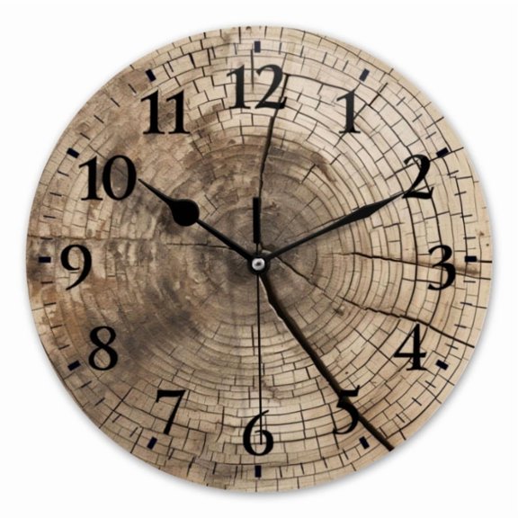 12 Inch Wall Clock Battery Operated Round Clock for Office, Kitchen, Outdoor, Living Room, Old Tree Trunk With Visible Wood Rings Symbolizing Age