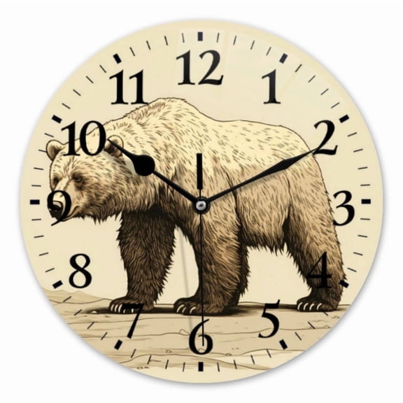 12 Inch Wall Clock Battery Operated Round Clock for Office, Kitchen, Outdoor, Living Room, Vintage Style Wild Animal Bear Hand Drawing Artistic