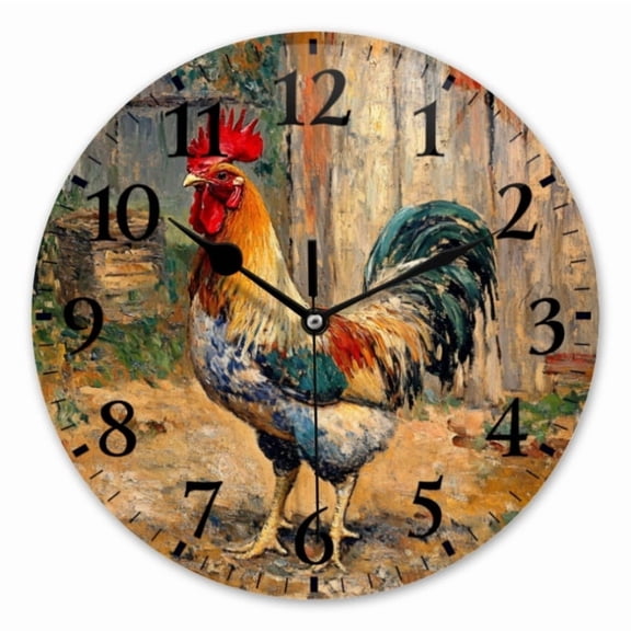 12 Inch Wall Clock Battery Operated Round Clock for Office, Kitchen, Outdoor, Living Room, Vividly - Painted Barnyard Rooster