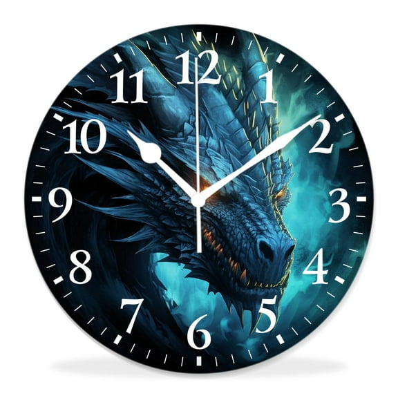 12 Inch Wall Clock Battery Operated Silent Clock Decorative for Office, Kitchen, Outdoor, Living RoomAbstract Blue Fire Flame Dragon Head on Black Background Creative