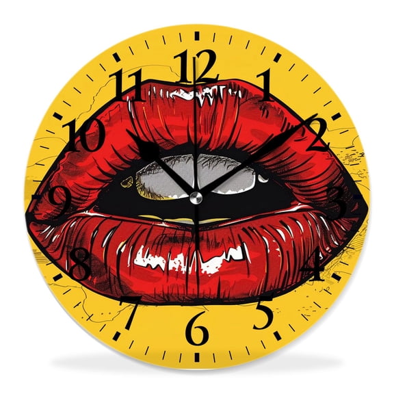 12 Inch Wall Clock Battery Operated Silent Clock Decorative for Office, Kitchen, Outdoor, Living RoomAbstract Retro Pop Style inspired Woman Lips Comic Creative