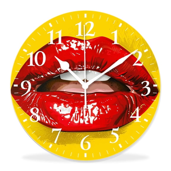 12 Inch Wall Clock Battery Operated Silent Clock Decorative for Office, Kitchen, Outdoor, Living RoomAbstract Retro Pop Style inspired Woman Lips Comic Cute