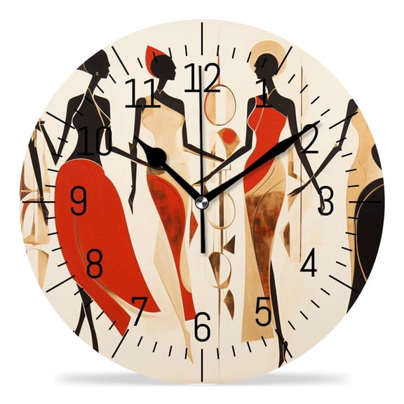 12 Inch Wall Clock Battery Operated Silent Clock Decorative for Office, Kitchen, Outdoor, Living RoomAfrican Dancer Women Africa Style Elegant Pattern
